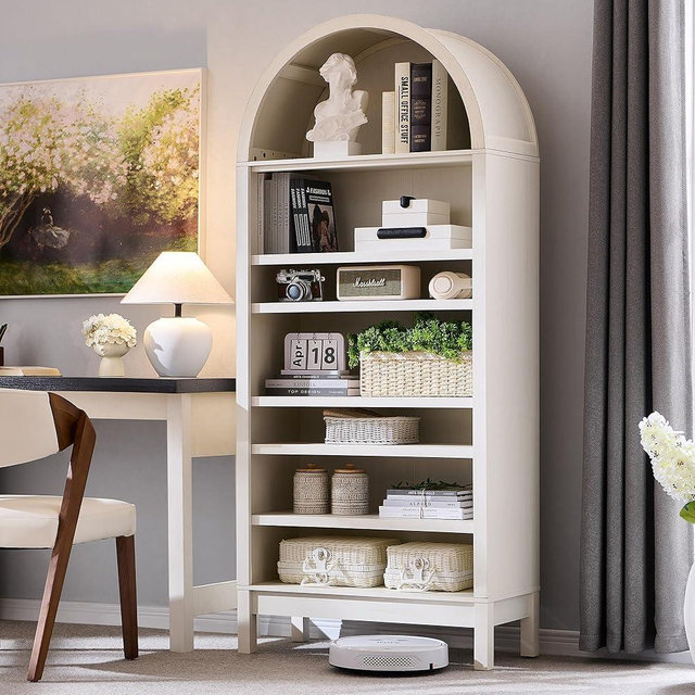 IFGET 71" Tall Arched Bookshelf, 7 Tiers Arch Bookcase with Storage, Modern Farmhouse Book Shelf with Adjustable Shelves, Wood Bookshelf w/Open Display Shelves for Living Room, Office (Antique White)