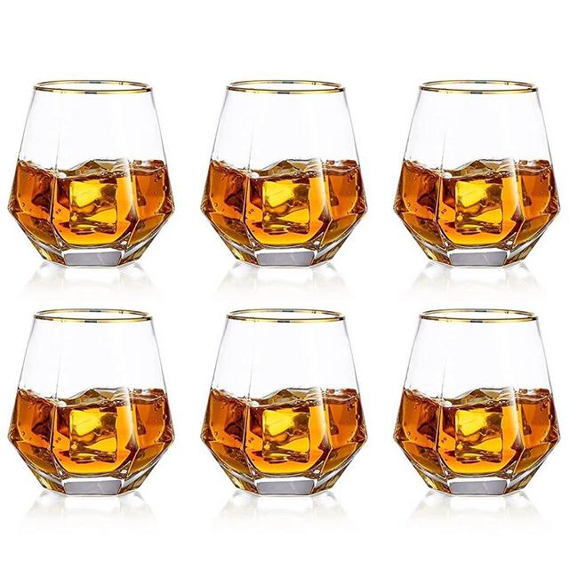 Hanobe Gold Rim Whiskey Glasses Diamond Geometric Tilted Drinking Glasses Set of 6 Stemless Water Glasse Cup Tumblers Old Fashion Elegant Unique Glass for Wine Cocktail Scotch Cognac Bourbon 10oz