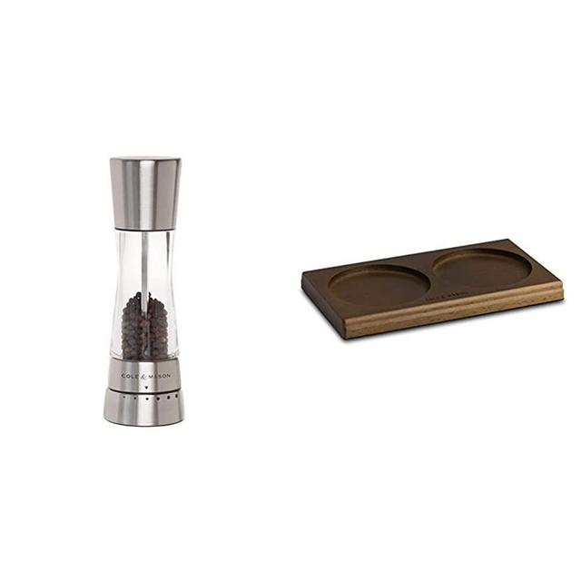 Cole & Mason Derwent Pepper Grinder - Stainless Steel Mill Includes Gourmet Precision Mechanism and Premium Peppercorns & Salt & Pepper Mill Tray, Brown Wood