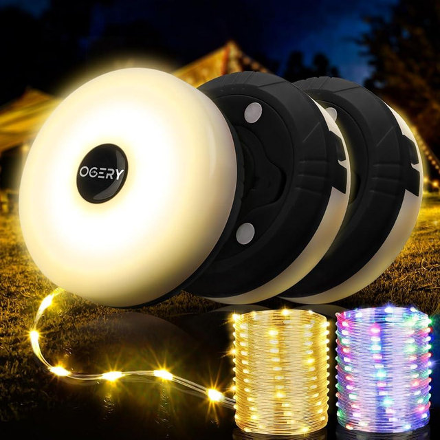 OGERY 3-Pack Camping String Lights, 4 in 1 Quick Storage 32.8FT Rechargeable Tent Lights String with 8 Lighting Modes, Hanging Waterproof Portable LED Lamp for Outdoor Patio Awning Party Essentials