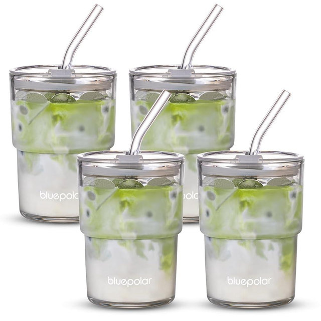 BLUEPOLAR 13oz/400ml Glass Water Tumbler with Straw and Lid Sealed Carry On Thick Wall Iced Coffee Cup Glass Cup for Water, Iced Tea Fruit Juice Etc(Aurora White-4Pack)