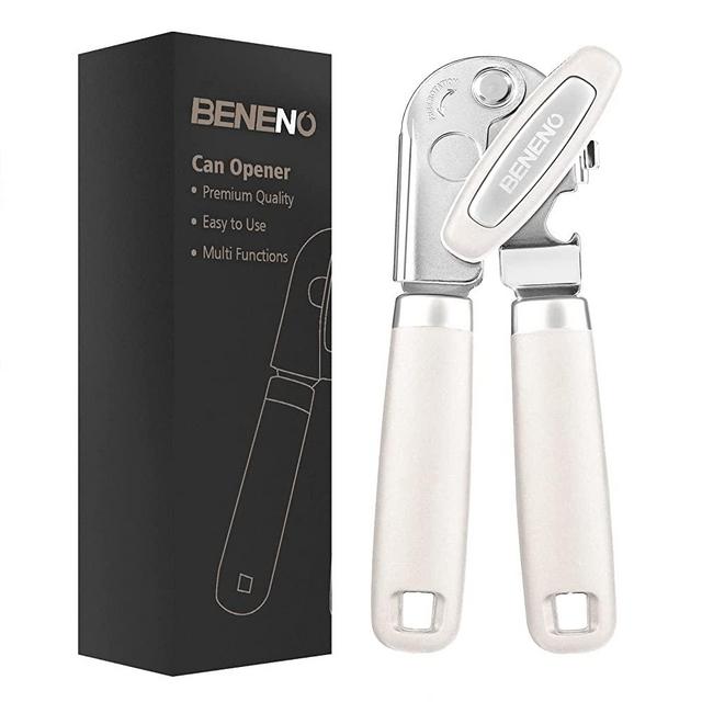 Can Opener Manual, Can Opener with Magnet, Hand Can Opener with Sharp Blade Smooth Edge, Handheld Can Openers with Big Effort-Saving Knob, Can Opener with Multifunctional Bottles Opener, Beige