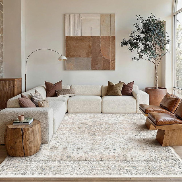 WondRg 6x9 Washable Vintage Area Rug for Living Room Bedroom Beige Grey Soft Tranditional Non Slip Large Throw Rug Lightweight Floral Low Pile Distressed Carpet Office Playroom Dinning Laundry Room