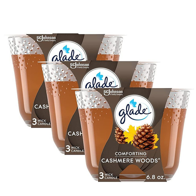 Glade Candle Cashmere Woods, Fragrance Candle Infused with Essential Oils, Air Freshener Candle, 3-Wick Candle, 6.8 Oz, 3 Count