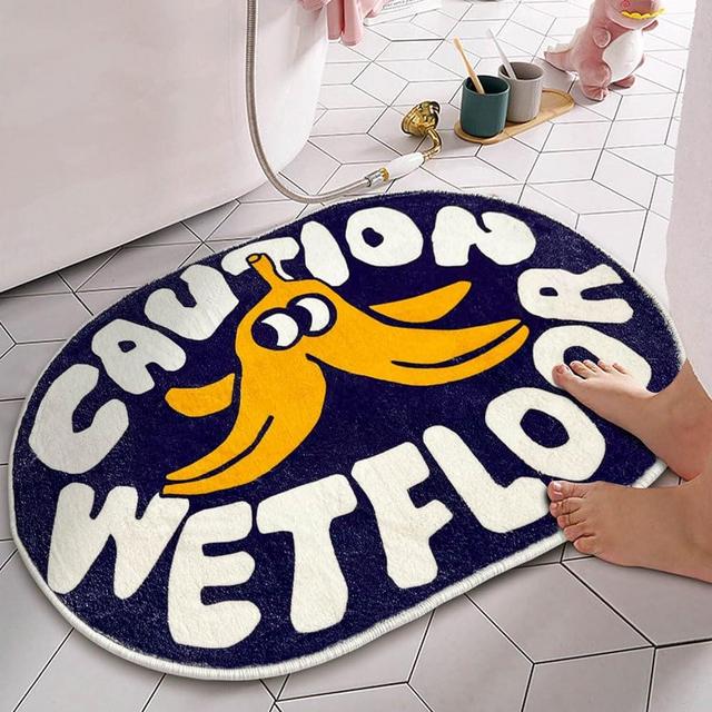 FOMAILE Bathroom Rug, Cartoon Bath Mat The Caution Wetfloor Bath Rug, Cute Oval Bath Mat, Interesting Bath Mat, Plush Absorbent Non-Slip Foot Mat, Washable, 23.6”x35.4”