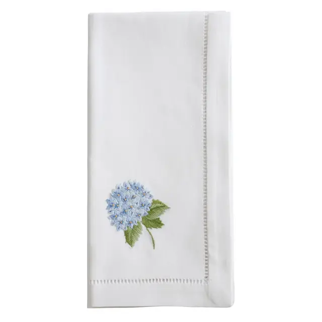 Saro Lifestyle Embr'd Blue Hydrangea Hemstitch Napkin, 20" Square, White