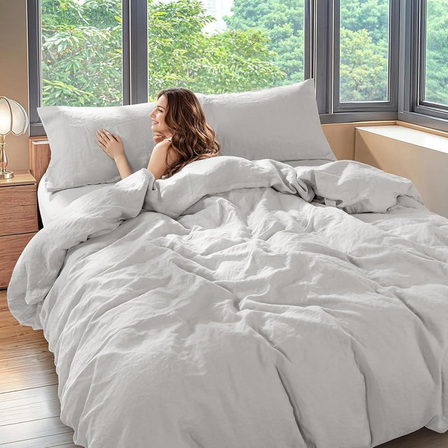 Shilucheng 100% Linen King Duvet Cover Set, Luxury Pure Natural French Flax Linen Duvet Cover with Zipper Closure & Corner Ties, Cooling Breathable Comforter Cover 3 Piece (Gray)