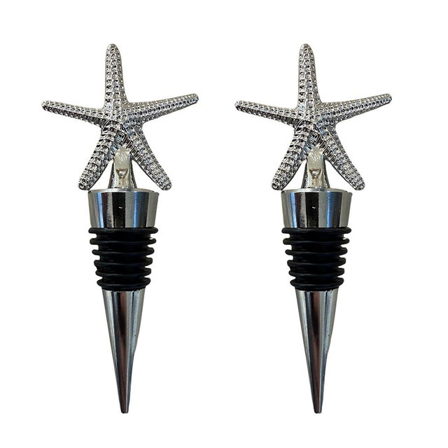 Decorative Starfish Wine Bottle Stoppers, Silver Chrome Finish, Set of 2