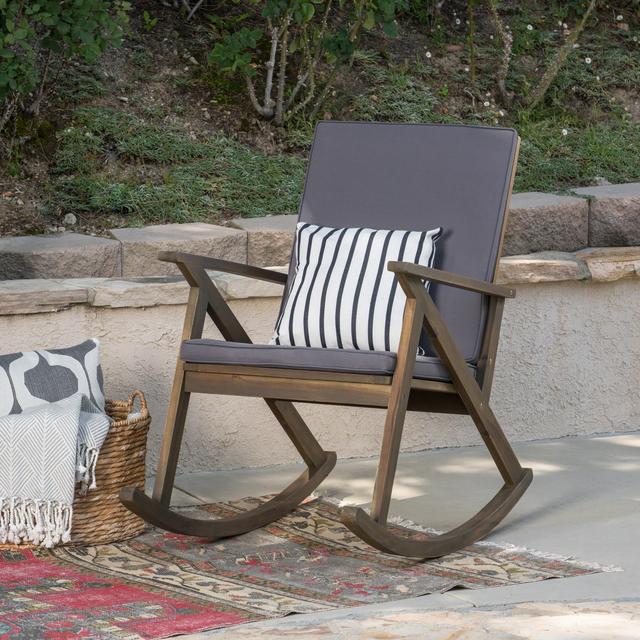 Louise Outdoor Acacia Wood Rocking Chair with Cushion, Grey and Grey