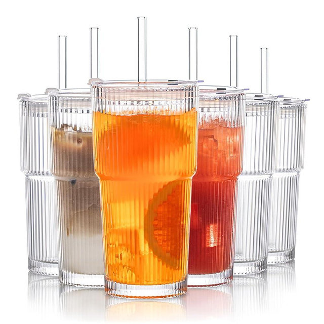 INSETLAN 6-Piece Glassware Set – 20 oz Ribbed Glass Tumblers with Lids and Glass Straws, Heavy-Duty Tumblers, Ideal for Iced Coffee, Smoothies, Cocktails, and Juices – Elegant and Durable Drinkware