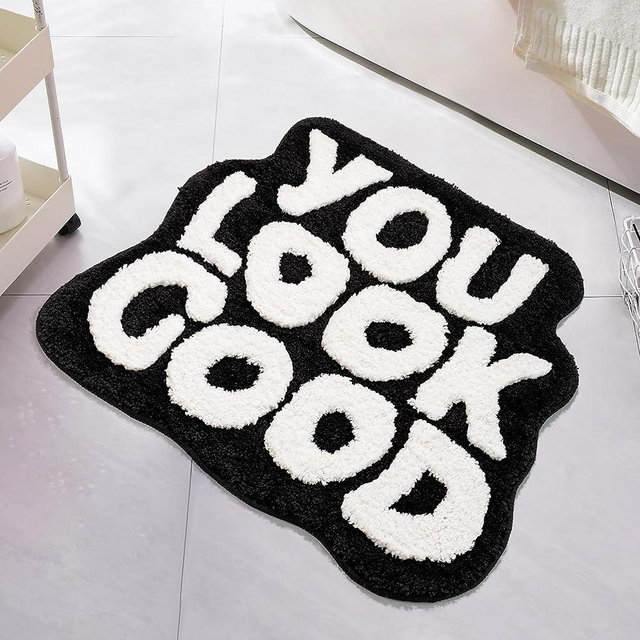 UNIBATH You Look Good Bath Mat Black and White Bathroom Rugs Funny Cute Bathroom Decor Preppy Small Cool Rug Non Slip Microfiber Washable Absorbent Shower Rug, 25”x21”