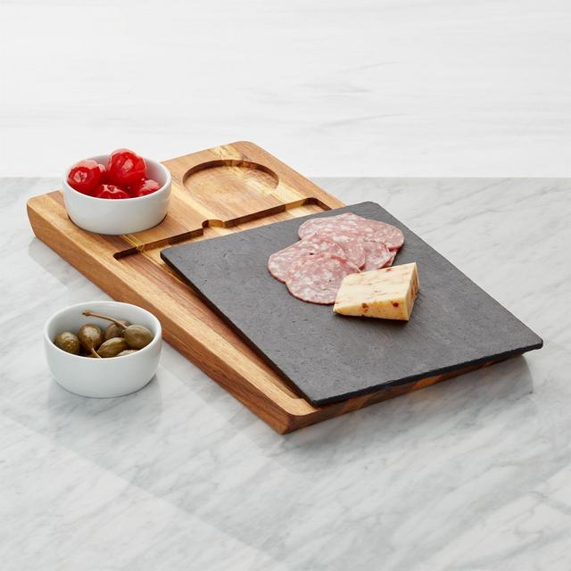 Slate and Wood Serving Board with Bowls