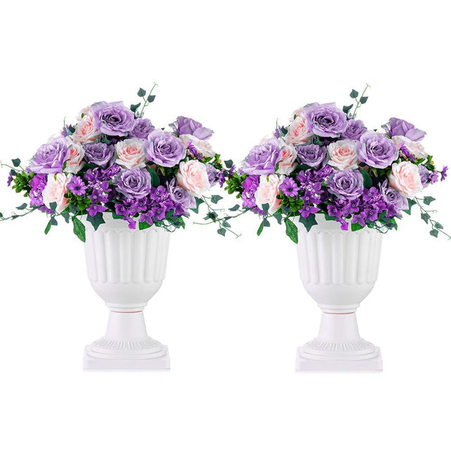 NUPTIO 2 Pcs Classic Urn Planter, 13.98 inch Plastic Outdoor Urn, Tall Pedestal Plastic Planter, Flower Pot for Garden Front Porch Door
