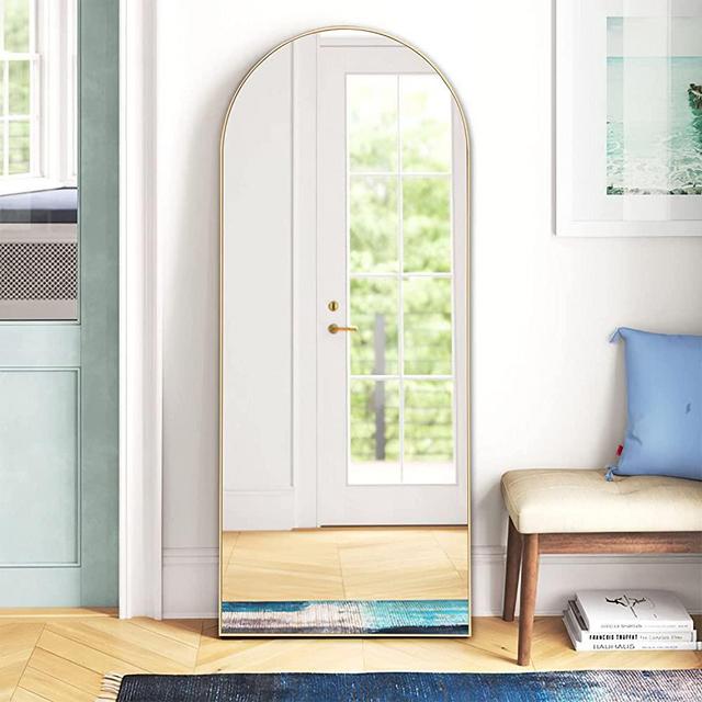 NeuType Arched Floor Full Length Mirror Standing Full Body Dressing Mirrors with Stand Hanging Wall Mounted Large Metal Frame Leaning Bedroom Living Room Decor 65"x22" Natural Wood
