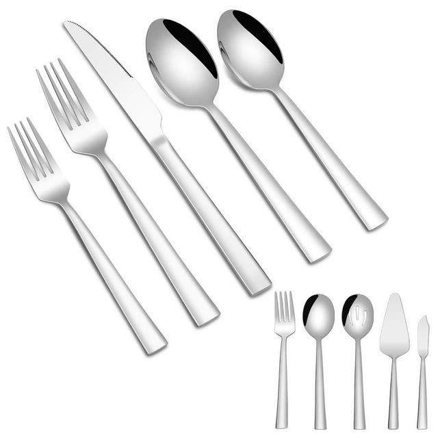 Silverware Set for 12 with Serving Utensil, 65 Piece Stainless Steel Flatware Cutlery Set, Modern Square Edge Set,Includes Forks Spoons Dinner Knives, Mirror Polished, Dishwasher Safe