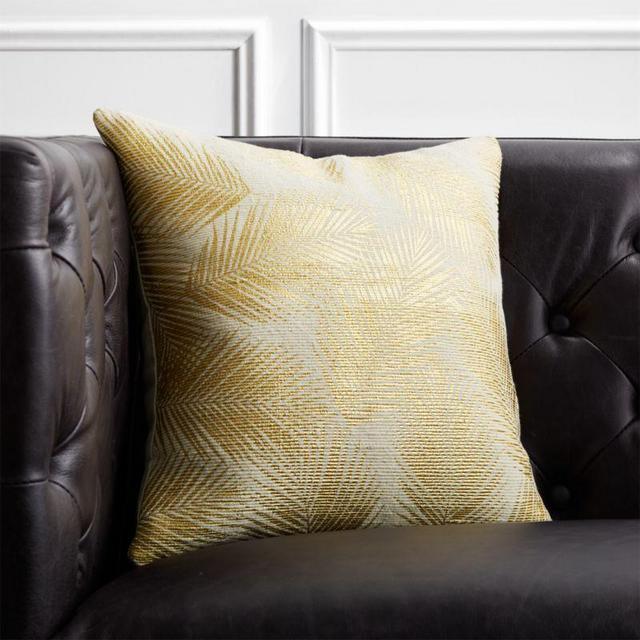 CB2 16" Gold and White Palm Leaf Pillow with Down-Alternative Insert