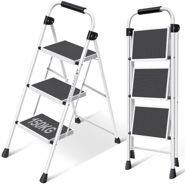Step Ladder, Folding Step Stool with Wide Anti-Slip Pedal, Sturdy Steel Ladder, Convenient Handrail, Lightweight, Portable Steel Step Stool