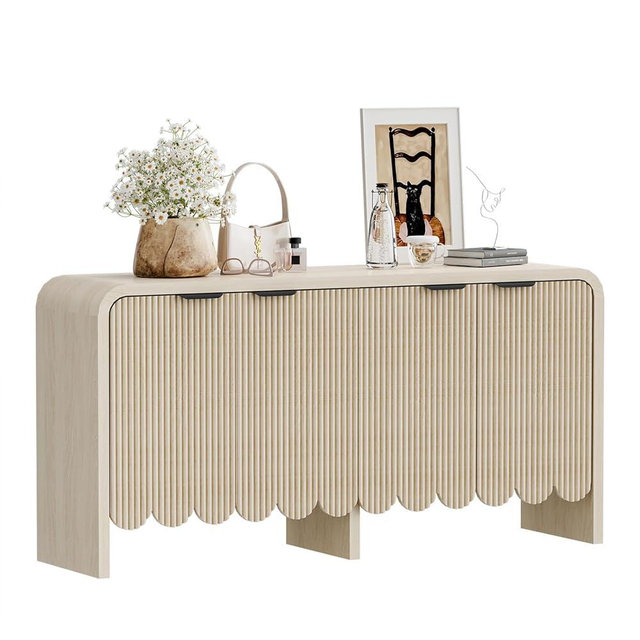 Oakault Modern Wave Fluted Sideboard Cabinet, 4-Door Storage Buffet with Metal Handles, Curved Edge, 59.05 x 15.35 x 29.52 Inches.