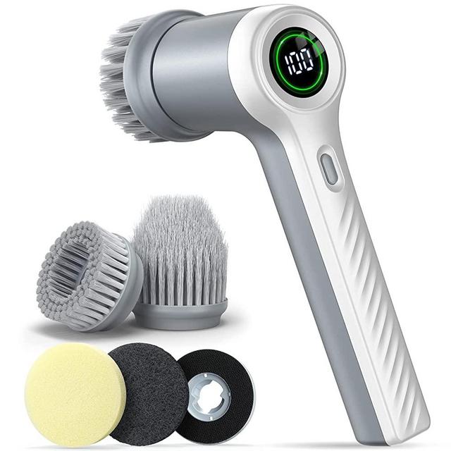 Electric Spin Scrubber Cordless Power Scrubber with 4 Replaceable Brush Heads and 2 Rotating Speeds, Shower Cleaning Brush Cleaner for Bathroom Kitchen Tile Grout Stove Tub Sink Dish, LED Display