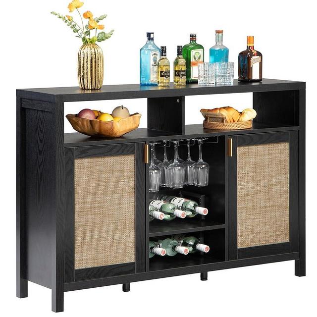 SICOTAS Rattan Coffee Bar Cabinet, 51" Sideboard Buffet Cabinet with Storage, Modern Liquor Cabinet with Wine Racks Credenza Console Buffet Table for Home Living Dining Room Entryway, Black