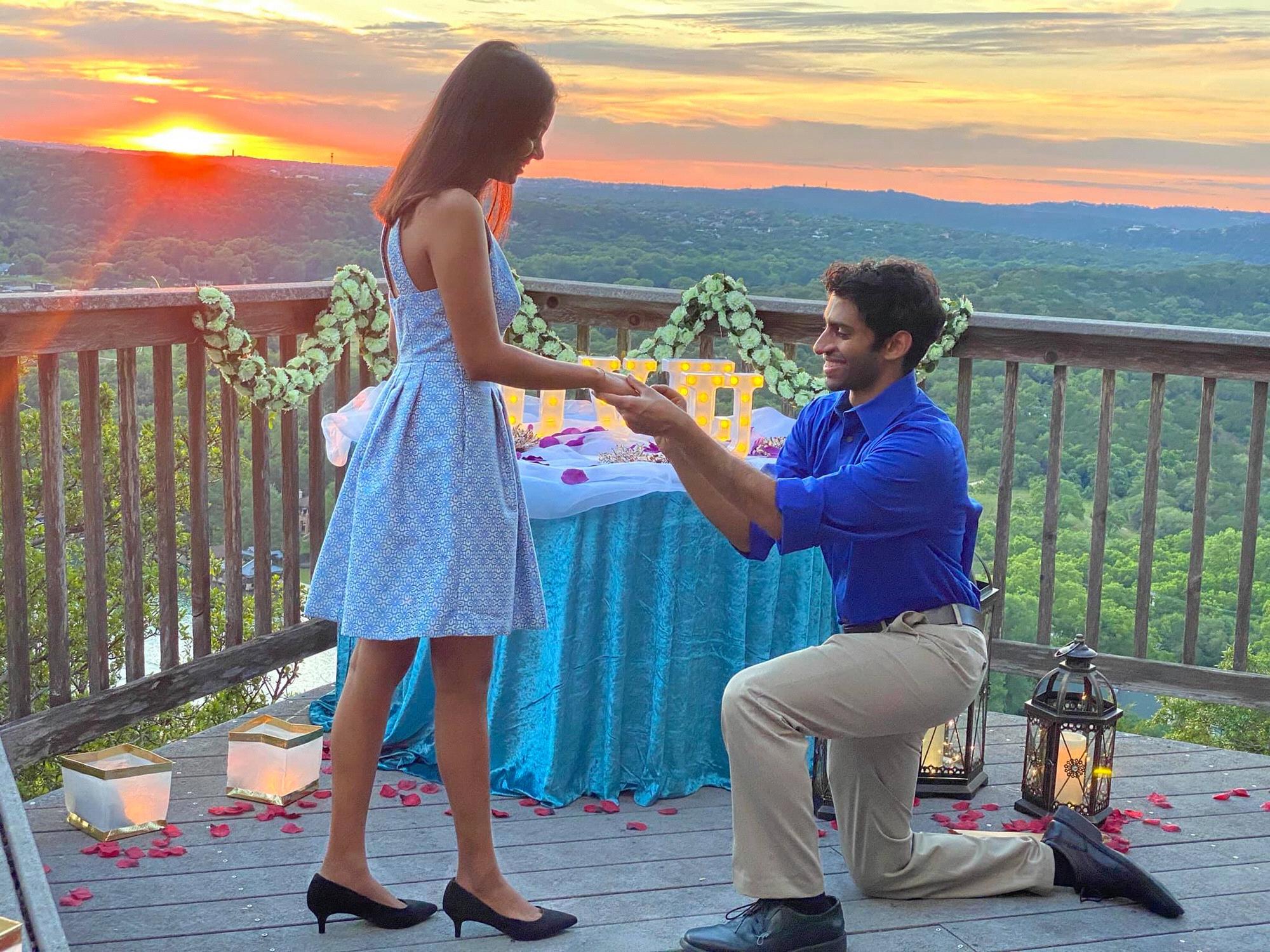 Avi popped the question in a cute, intimate setting in his backyard in Austin. Avi was so nervous that he put the ring on the wrong hand!