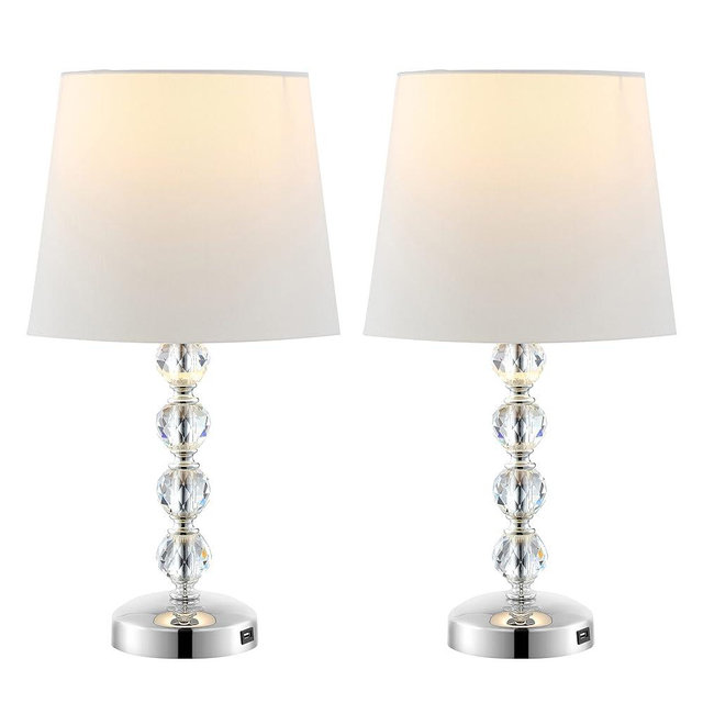 SAFAVIEH Lighting Collection – Nola Set of 2 Modern Glam Stacked Crystal Ball 16-Inch Table Lamps with USB Ports, LED Bulbs Included, Bedroom Living Room Home Office (LIT4123C-SET2-U)