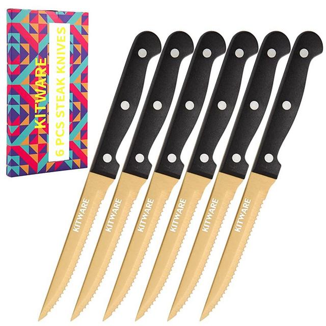 KITWARE Gold Steak Knives Set of 6 pcs with Gift Box, 4.5 inch Stainless Steel Steak sets, Serrated Edge Metal Knife Sets for Dinner Table, Knife for Barbeque, Picnic, Camping, Hiking