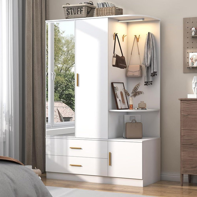 XVD Armoire Wardrobe Closet with Mirror and Sensor Light, Bedroom Armoire with 3 Doors 2 Drawers, Modern Wooden Large Wardrobe Closet with Shelves, 4 Hooks, 2 Hanging Rods, Open Space, White