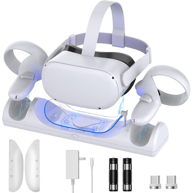 Magnetic Charging Dock for Meta/0culus Quest 2 VR Headset and Controllers | Magnetic charging.Headset&Controllers Charge Together. With 2x1800mAh Rechargeable Batteries. LED indicator
