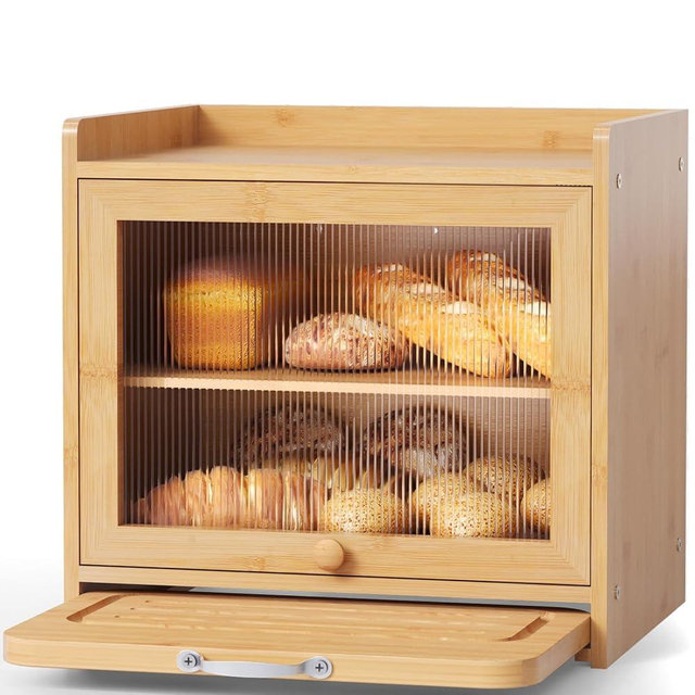 bamzc brz Bamboo Bread Box for Kitchen Countertop, Double Layer Kitchen Counter Organizers and Storage for Fruits, Tea, Spices, Coffee, Vintage Bread Bin Container with Cutting Board, Natural