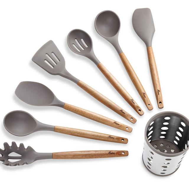 Miusco 7 Piece Silicone Cooking Utensil Set with Natural Acacia Hard Wood Handle and Stainless Steel Utensil Holder