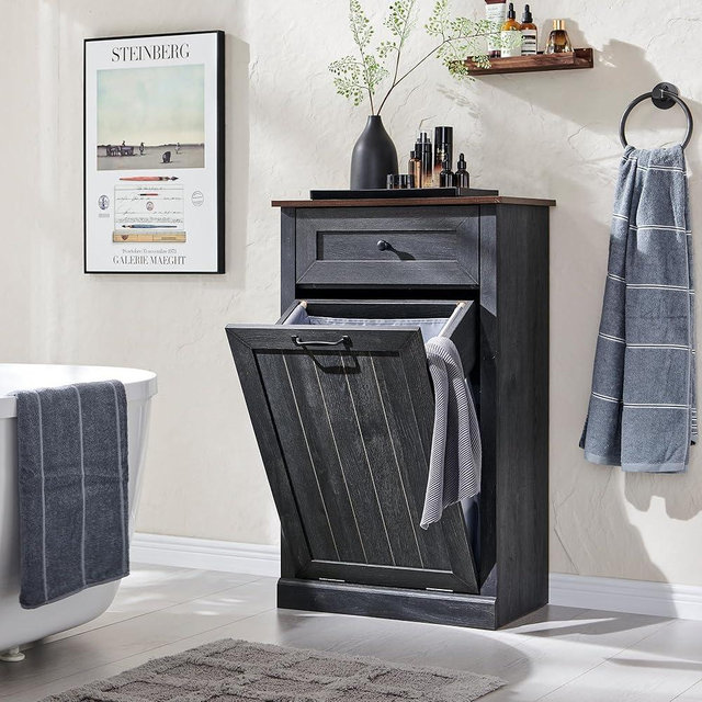 IFBUY Tilt Out Laundry Hamper Cabinet, 10 Gallon Farmhouse Trash Can Cabinet with Drawer, Hidden Wood Garbage Can Bin Cabinet with Laundry Storage Basket for Bathroom, Kitchen, Dark Grey