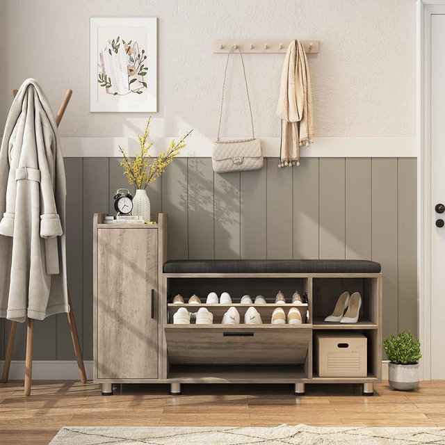 Maupvit Shoe Storage Bench with Flip Drawer Shoe Cabinet, 8 Height Adjustable Metal Feet, Entryway Bench with Removable Seat Cushion, Shoe Bench Rack for Entryway, Washed Gray