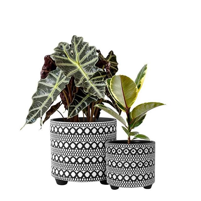 Set of 2 Planter Pots, 6 Inch & 8 Inch, Modern Design Ceramic Plants Pot with Drainage Hole, Black/White