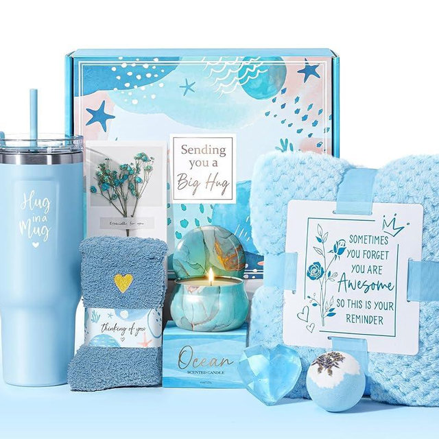 Birthday Gifts for Women Self Care Get Well Soon Gifts, Ocean Relaxing Spa Kit Bath Gift Basket Care Package w/ Flannel Blanket 40 OZ Tumbler, Valentines Day Gift for Her Wife Mom Girlfriend Sister