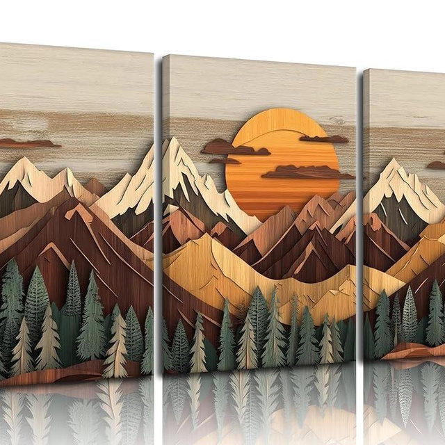 KADEYEE 3pcs Boho Mountain Wall Art Sunrise Pine Tree Forest Nature Scenry Abstract Mountain Wall Art Living Room Bedroom Wall Decor，Wood Texture Canvas Print Pictures Framed Ready To Hang 12x16 Inch