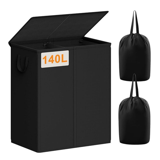 Chrislley 140L Laundry Hamper 2 Section, Double Laundry Basket with Lid, Large Dirty Clothes Hamper with Removable Liner Bags, Collapsible Laundry Organizer for Bedroom, Dorm,Black
