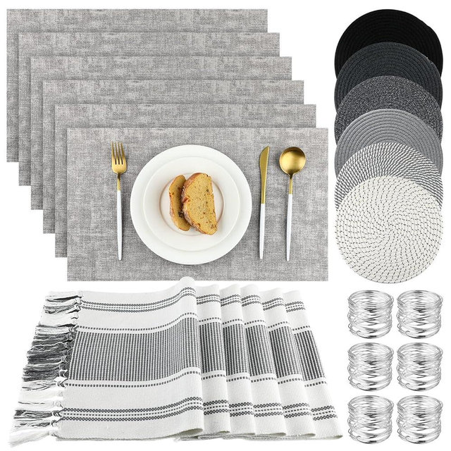 Xuhal 19 Pcs Boho Table Runner Placemat and Napkin Ring Set Modern Macrame Table Runner with Tassels 11.8 x 106.3'' Round and Rectangle Table Mat for Valentines Farmhouse Wedding Dining Table Decor