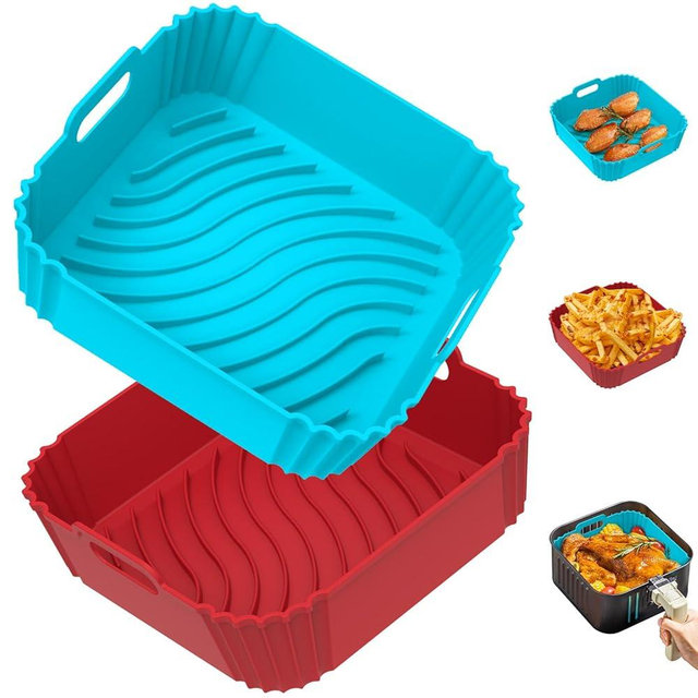 Redfly Air Fryer Silicone Liners, 9.3 Inch Square Airfryer Liners, Silicone Air Fryer Liners Reusable for 5-8.5 QT, Air Fryer Accessories Replacement for Parchment, Airfryer Liners Silicone Red&Blue