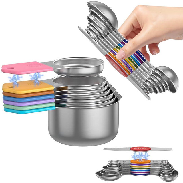 Magnetic Measuring Cups and Spoons Set - 304 Stainless Steel | Dual-sided Design | Set of 15 with Leveler | Strong N52 Magnetic Nesting Design | for Dry & Liquid Ingredients (Colorful)