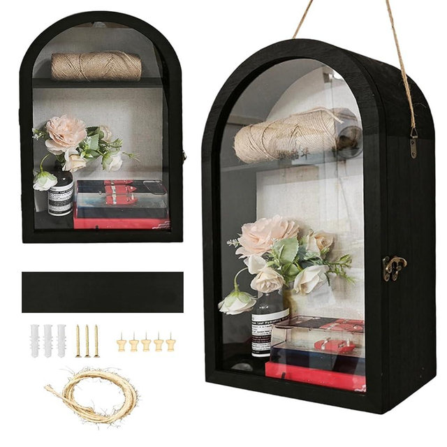 10x16 Large Shadow Boxes Display Cases Shadow Box Frame with Removable Shelves and Linen Back, Arch Shape Picture Frame Memory Box for pet memorials, Wedding, Medals, Military (Black)