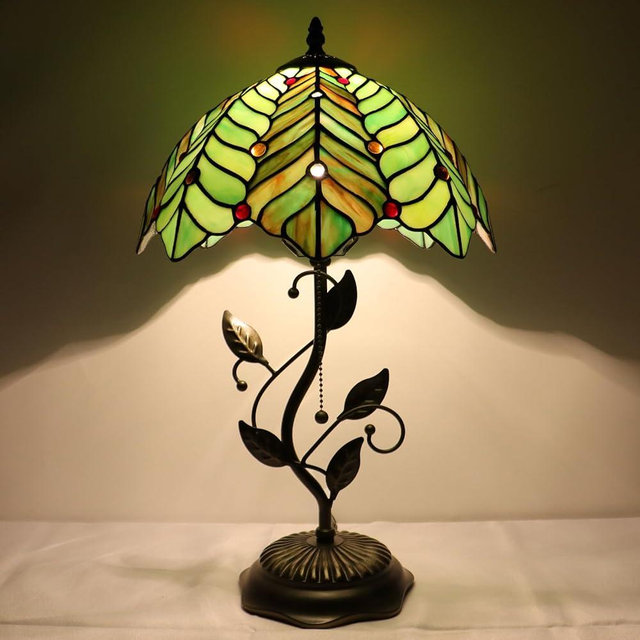 LXHCYOU Tiffany Table Lamp, Stained Glass Desk Light, W12H19 Inch, Metal Leaf Base (Brown Green Leaf)