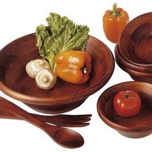 Lipper International 290-7 Cherry Finished Round Rim Serving Bowls with Server Utensils, 7-Piece Set, Assorted Sizes