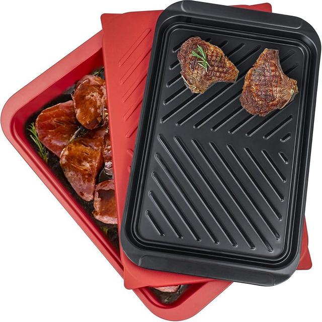 ECOIOU Grilling Prep and Serving Tray with Lid, BBQ Deep Tray for Marinating Raw and Cooked Food, Melamine Serving Trays for Food, Black and Red
