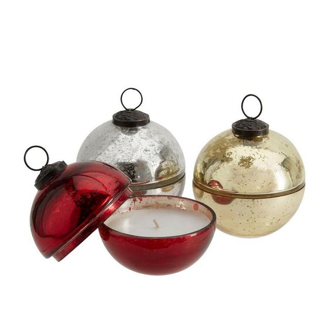 Mercury Glass Ornament Scented Candle, Red/Gold/Silver, Small, Snow Currant, Set of 3