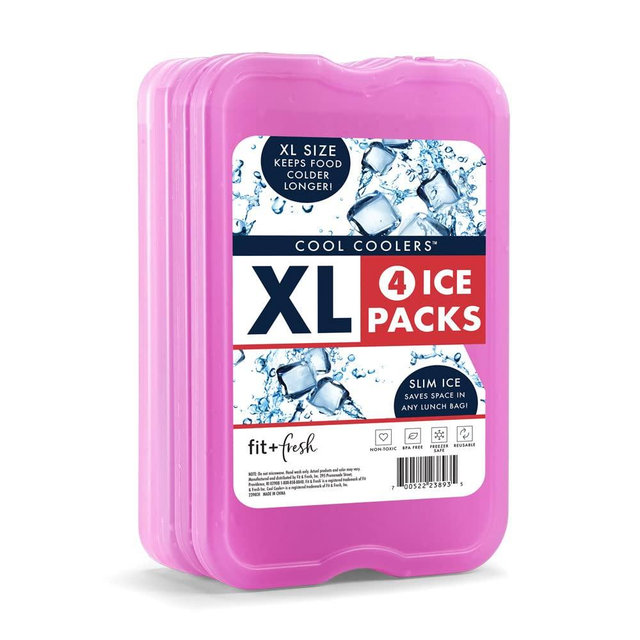 Cool Coolers by Fit + Fresh Slim Compact Reusable XL Ice Pack, Perfect for Lunch Boxes, Coolers, and Beach Bags, Purple, 4 Pack