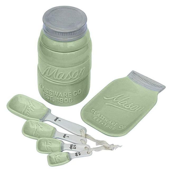 Vintage Mason Jar Kitchenware Set by Comfify - Multi-Piece Kitchen Ceramic Décor Set w/ 4 Measuring Cups, 4 Measuring Spoons and Spoon Rest - Attractive Vintage Style, in Green Embossed Ceramic