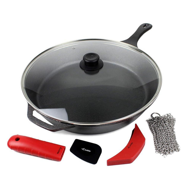 15-Inch Cast Iron Skillet Set (Pre-Seasoned), Including Large & Assist Silicone Hot Handle Holders, Glass Lid, Cast Iron Cleaner Chainmail Scrubber, Scraper | Indoor & Outdoor Use