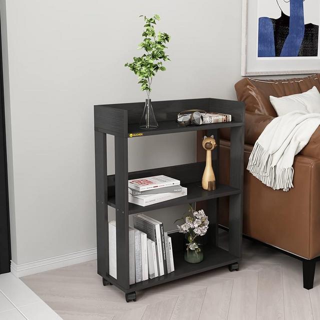 MIN WIN 3 Tier Open Bookshelf,Small Bookshelves Storage Display Shelf with Universal Wheels,Movable Standing Shelf Units,Wood Storage Rack for Small Spaces Home Office Bookcases Book Shelves, Black