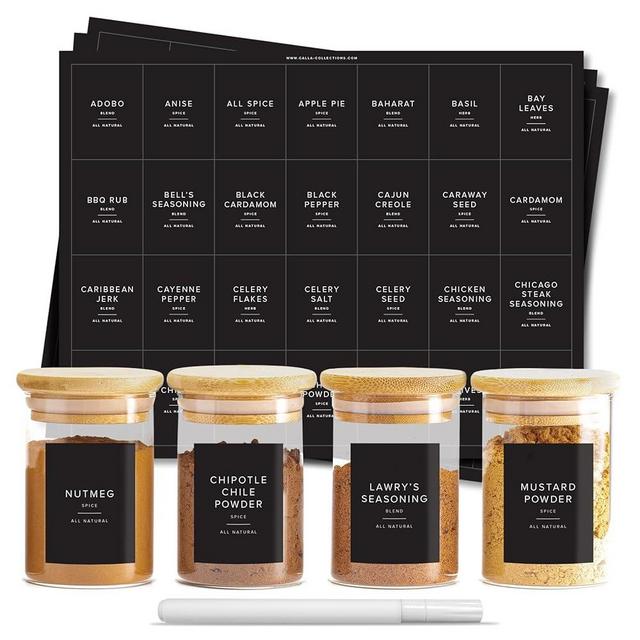 ThreeKin 230 Spice Jar Labels | Waterproof & Oil-Resistant Black Minimalist Stickers for Kitchen Organization | Common & Customizable for Herbs, Seasonings | No-Residue, BPA-Free | USA Owned